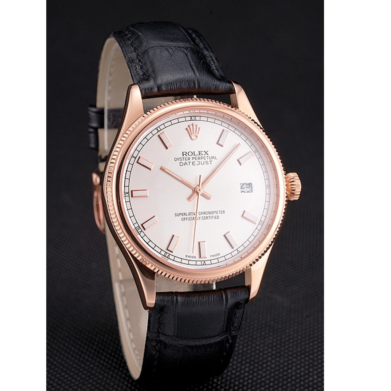 Best AAA Replica Sites White Rose Rolex Dial Leather Case Black Strap Datejust Gold Swiss 0520